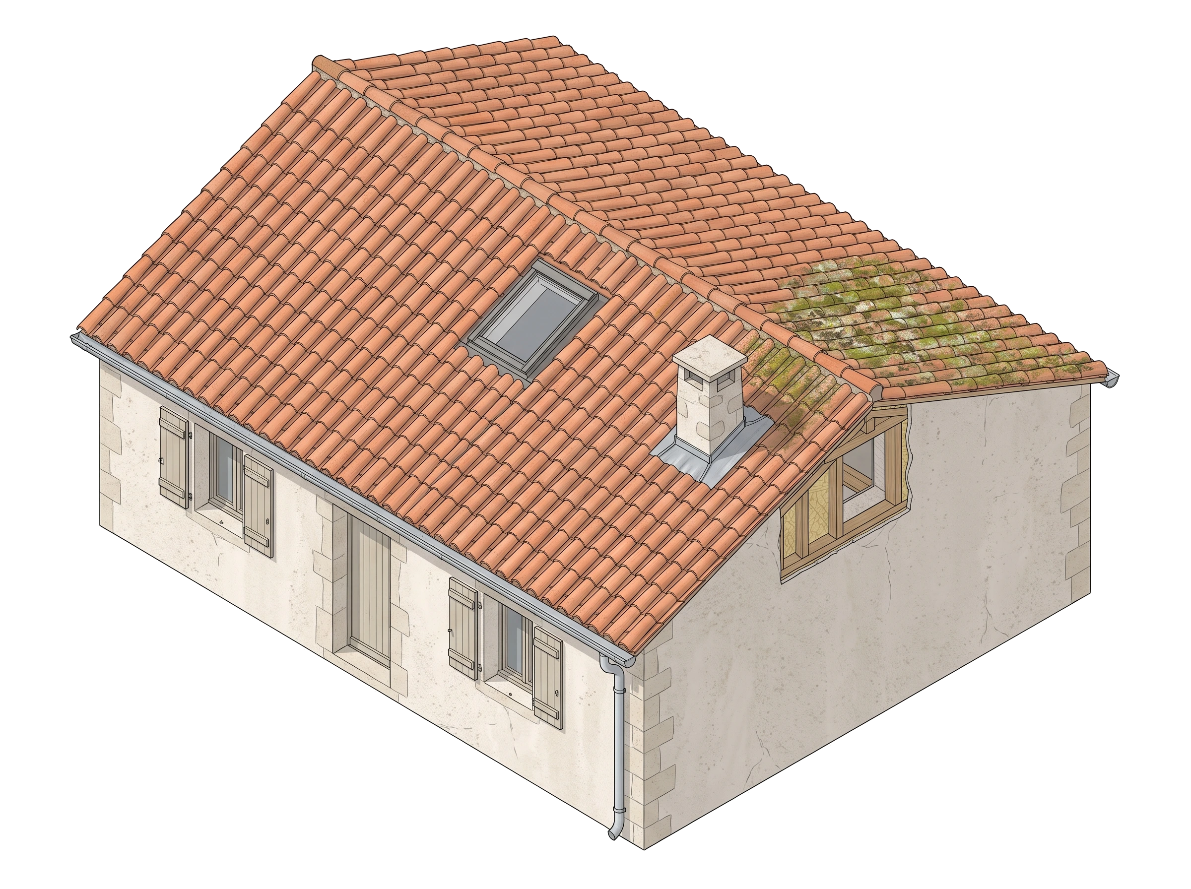 Maison méditerranéenne en vue isométrique détaillée : tuiles, mousses, fenêtre de toit, cheminée, gouttière et façade.